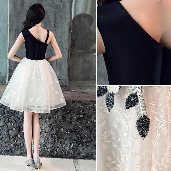 Modern / Fashion Black Homecoming Graduation Dresses 2019 A-Line / Princess Lace Appliques Star Shoulders Sleeveless Backless Knee-Length Formal Dresses
