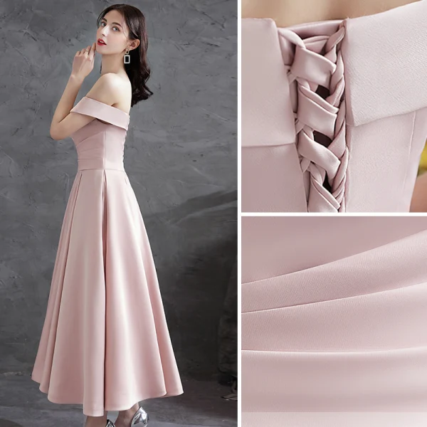 Modest / Simple Blushing Pink Satin Homecoming Graduation Dresses Bridesmaid Dresses 2021 A-Line / Princess Off-The-Shoulder Sleeveless Backless Tea-length Formal Dresses
