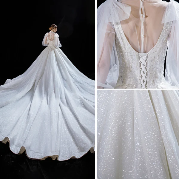 Luxury / Gorgeous Ivory With Cloak Wedding Dresses 2021 Ball Gown High Neck Beading Rhinestone Sequins Bow Long Sleeve Royal Train Wedding