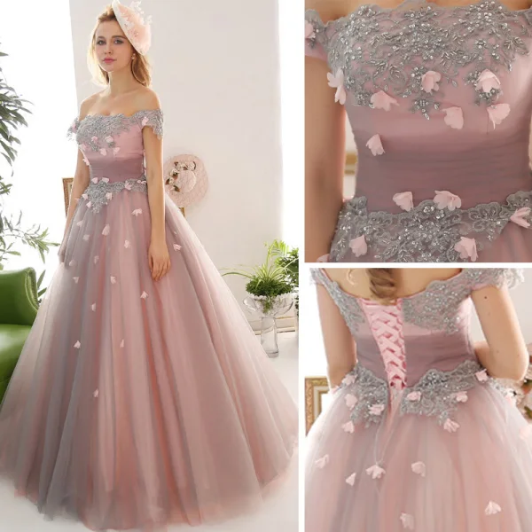 Vintage / Retro Blushing Pink Prom Dresses 2018 Ball Gown Appliques Beading Crystal Sequins Off-The-Shoulder Backless Sleeveless Floor-Length / Long Formal Dresses