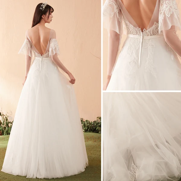 Modest / Simple Ivory Wedding Dresses 2018 A-Line / Princess Appliques Lace Scoop Neck Backless Long Sleeve Floor-Length / Long Wedding