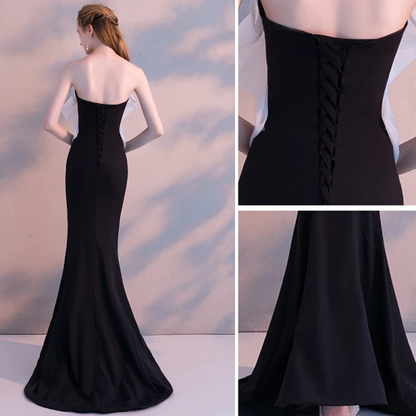 Sexy Schwarz Abendkleider 2018 Meerjungfrau Schleife Bandeau Rückenfreies Ärmellos Sweep / Pinsel Zug Festliche Kleider