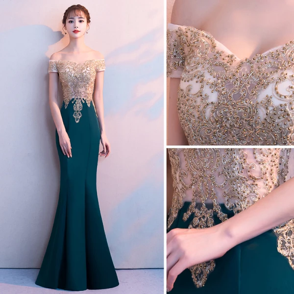Elegant Dark Green Evening Dresses  2018 Trumpet / Mermaid Lace Beading Off-The-Shoulder Backless Short Sleeve Floor-Length / Long Formal Dresses