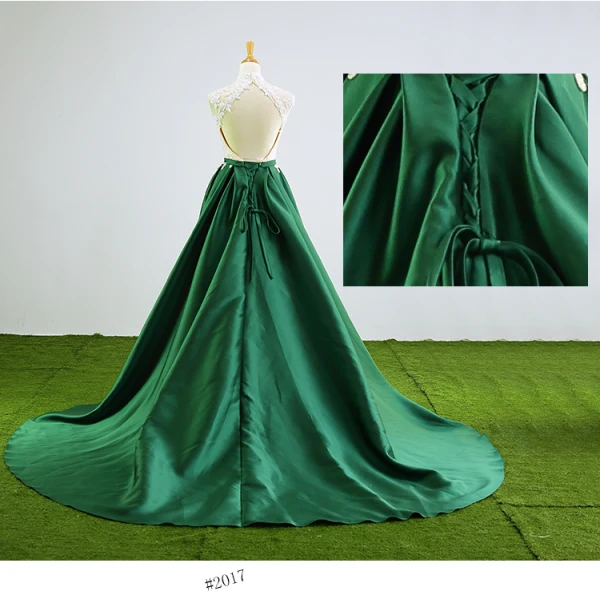 Style Chinois Vert Foncé Robe De Bal 2017 Col Haut Sans Manches Appliques Dos Nu Noeud Ceinture Satin Robe De Ceremonie Chapel Train
