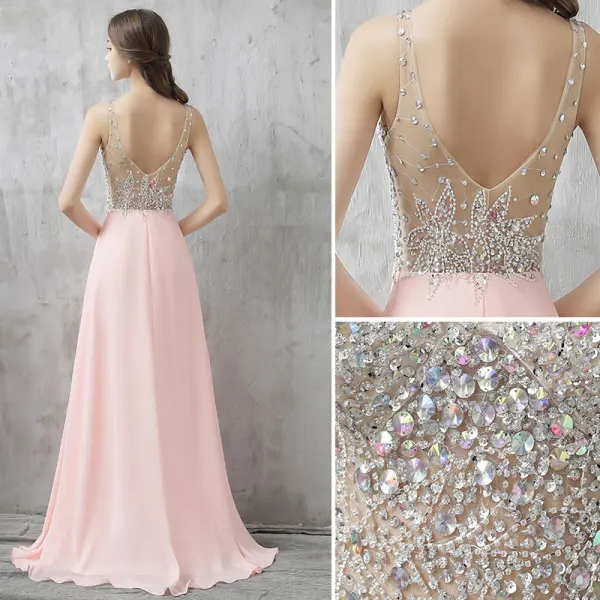 Glittrande Rodnande Rosa Balklänningar 2017 Halterneck Beading Rhinestone Paljetter Slits Fram Långa Chiffong Formella Klänningar