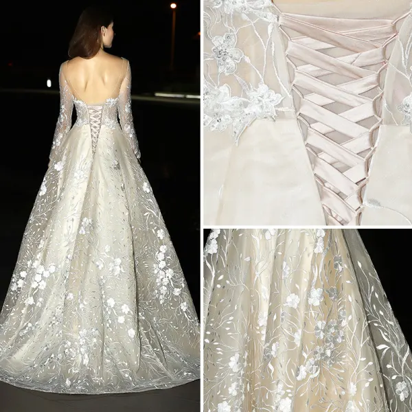 Modern / Fashion Champagne Wedding Dresses 2017 A-Line / Princess Square Neckline Long Sleeve Appliques Lace Sweep Train