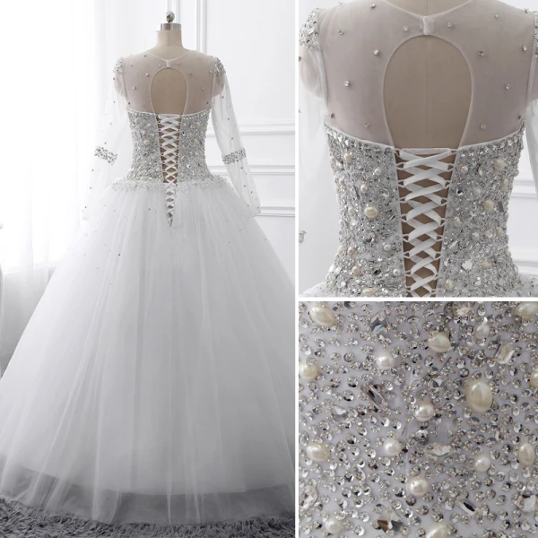 Luxury / Gorgeous White Crystal Wedding Dresses 2017 Scoop Neck Long Sleeve Beading Rhinestone Pearl Sequins Floor-Length / Long Ball Gown