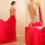 Chic / Beautiful Fuchsia Evening Dresses  2017 A-Line / Princess V-Neck Sleeveless Appliques Lace Chiffon Formal Dresses Court Train