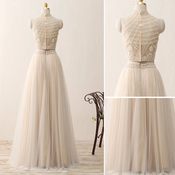 2 Piece Bohemia Champagne Prom Dresses 2017 A-Line / Princess High Neck Sleeveless Beading Ruffle Tulle Floor-Length / Long Formal Dresses