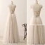 2 Piece Bohemia Champagne Prom Dresses 2017 A-Line / Princess High Neck Sleeveless Beading Ruffle Tulle Floor-Length / Long Formal Dresses