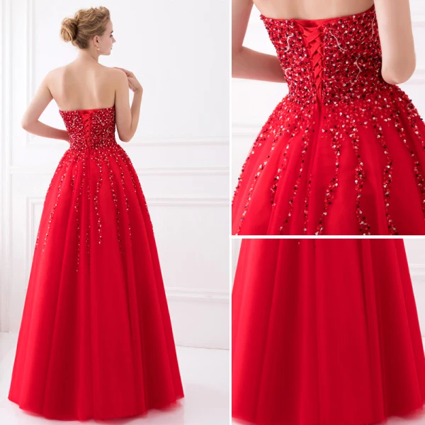 Sparkly Rød Ballkjoler 2017 Prinsesse Uten Ermer Fantastiske / Unike Kjæreste Ryggløse Beading Paljetter Lange Tyll Formelle Kjoler