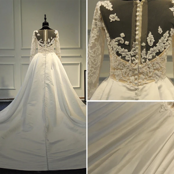 Élégant Robe De Mariée 2017 Princesse Encolure Dégagée Manches Longues Appliques En Dentelle Ivoire Satin Chapel Train