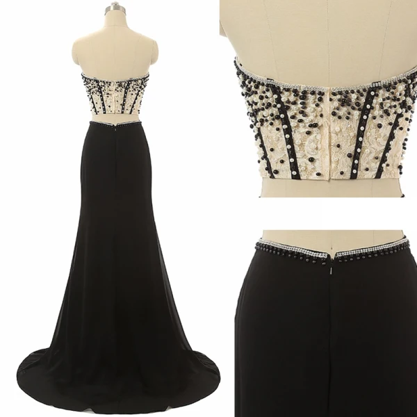 Luksus 2 Stykker Svart Ballkjoler 2017 Trompet / Havfrue Kjæreste Uten Ermer Beading Perle Chiffon Fendue devant Formelle Kjoler Feie Tog