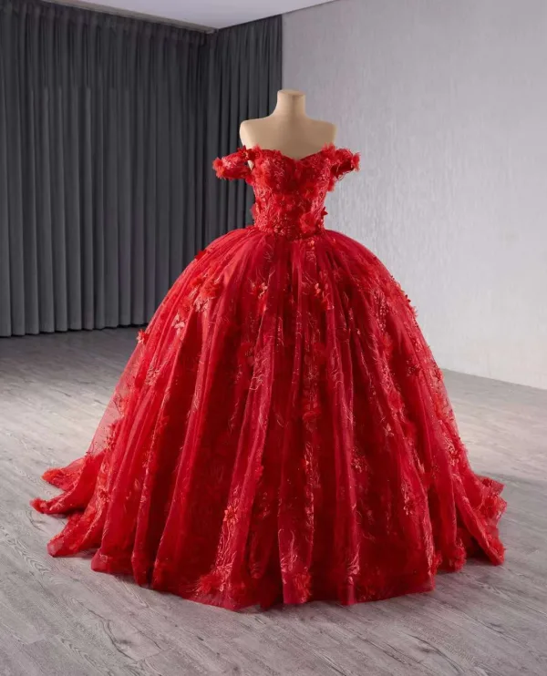 Stunning Red Wedding Dresses 2024 Crossed Straps 3D Lace Flower Tulle Off-The-Shoulder Sleeveless Floor-Length / Long Bridal Ball Gown