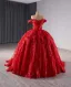 Stunning Red Wedding Dresses 2024 Crossed Straps 3D Lace Flower Tulle Off-The-Shoulder Sleeveless Floor-Length / Long Bridal Ball Gown