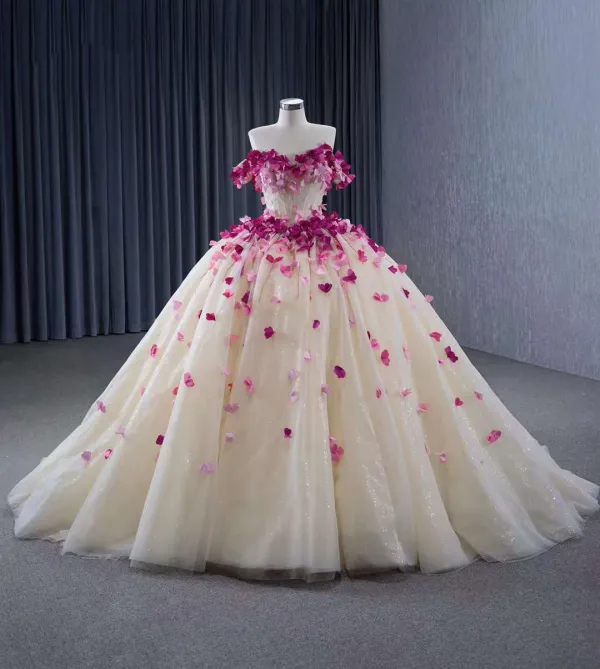 Flower Fairy Champagne Ball Gown Prom Dresses 2024 Crossed Straps Beading Floor-Length / Long Tulle Strapless Sleeveless Quinceañera Formal Dresses