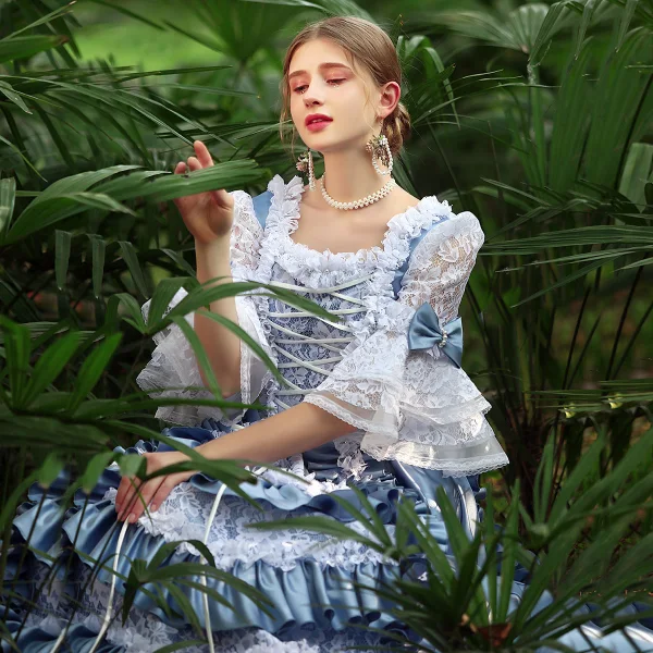 Medieval Vintage / Retro Pool Blue Ball Gown Prom Dresses 2024 Crossed Straps Lace Floral Floor-Length / Long Square Neckline Satin Pageant Cosplay 1/2 Sleeves Prom Formal Dresses