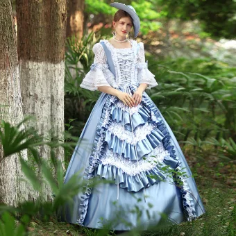 Średniowieczny Vintage Niebieskie Suknia Balowa Sukienki Na Bal 2024 Skrzyżowane Pasy Z Koronki Kwiatowy Długie Kwadratowy Dekolt Satyna Korowód Cosplay 1 2 Rękawy Bal Sukienki Wizytowe