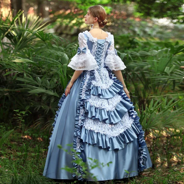 Medieval Vintage / Retro Pool Blue Ball Gown Prom Dresses 2024 Crossed Straps Lace Floral Floor-Length / Long Square Neckline Satin Pageant Cosplay 1/2 Sleeves Prom Formal Dresses
