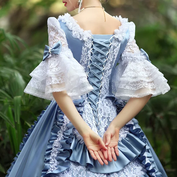 Medieval Vintage / Retro Pool Blue Ball Gown Prom Dresses 2024 Crossed Straps Lace Floral Floor-Length / Long Square Neckline Satin Pageant Cosplay 1/2 Sleeves Prom Formal Dresses