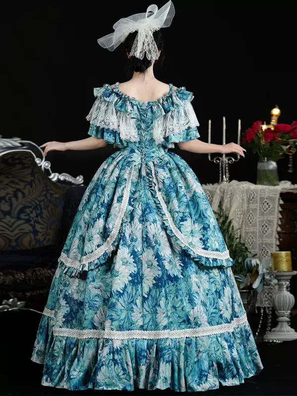 Vintage / Retro Medieval Ocean Blue Flower Prom Dresses 2024 Tassel Printing Floor-Length / Long U-Neck Cosplay A-Line / Princess Short Sleeve Ball Gown Prom Formal Dresses