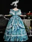 Vintage / Retro Medieval Ocean Blue Flower Prom Dresses 2024 Tassel Printing Floor-Length / Long U-Neck Cosplay A-Line / Princess Short Sleeve Ball Gown Prom Formal Dresses
