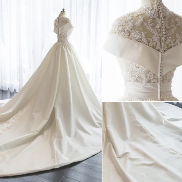 Chinese style White Wedding Dresses 2017 High Neck Short Sleeve Backless Beading Sequins Ruffle Satin Lace Chapel Train