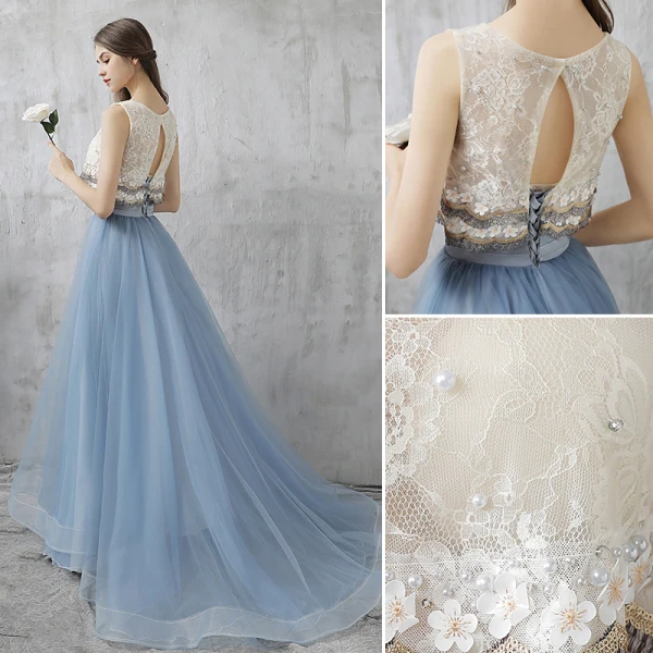 Bohême 2 Pièces Robe De Bal 2017 Princesse Sans Manches Perlage Perle Fleur Volants Robe De Ceremonie Train De Balayage