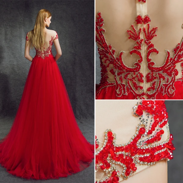 Stunning Red Evening Dresses 2018 A-Line / Princess Scoop Neck Zipper Up Beading Floor-Length / Long Ruffle Tulle Formal Dresses