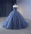 High End Meeresblau Fallende Rüsche Applikationen Glanz Pailletten Ballkleider 2023 Ballkleid Bandeau Ärmellos Rückenfreies Hof-Schleppe Ball Festliche Kleider