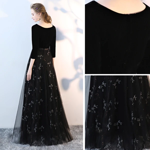 Chic / Belle Noir Robe De Bal 2017 Princesse V-Cou 3/4 Manches Longue Robe De Ceremonie