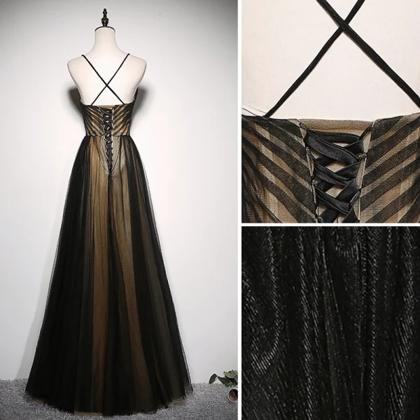 Chic / Belle Noire Robe De Soirée 2020 Princesse Bretelles Spaghetti Sans Manches Dos Nu Longue Robe De Ceremonie