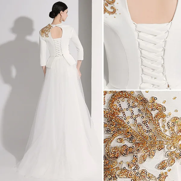 Mode Ivory / Creme Pailletten Abend Overall 2021 V-Ausschnitt 3/4 Ärmel Rückenfreies Lange Abendkleider