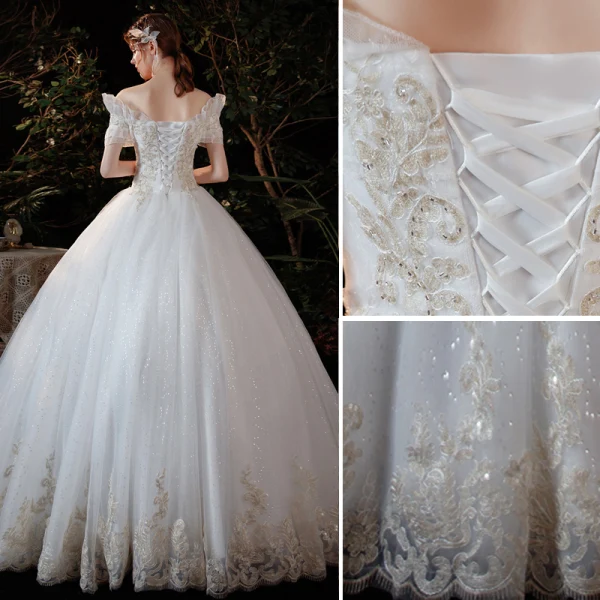 Affordable Ivory Glitter Sequins Wedding Dresses 2021 Ball Gown Off-The-Shoulder Lace Flower Short Sleeve Backless Floor-Length / Long Wedding