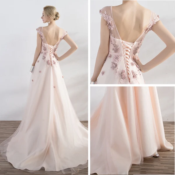 Élégant Rose Bonbon Robe De Ceremonie Princesse 2017 En Dentelle Fleur Noeud Perlage Dos Nu V-Cou Manches Courtes Tribunal Train Robe De Bal