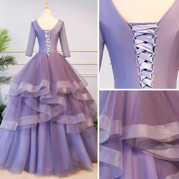 Elegant Lavender Quinceañera Prom Dresses 2018 Ball Gown Appliques Pearl Square Neckline Backless 3/4 Sleeve Cascading Ruffles Floor-Length / Long Formal Dresses