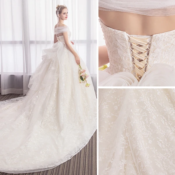 Elegant Champagne Wedding Dresses 2018 Ball Gown Lace Flower Off-The-Shoulder Backless Sleeveless Chapel Train Wedding