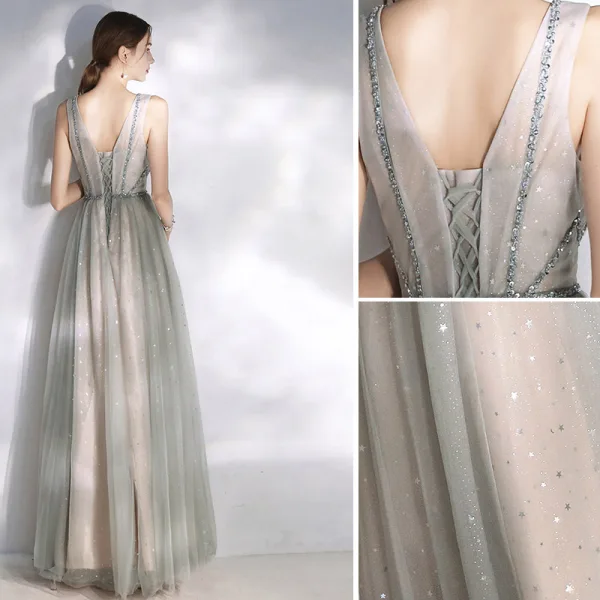 Modern / Fashion Grey Evening Dresses  2020 A-Line / Princess Scoop Neck Star Sequins Backless Crystal Sleeveless Floor-Length / Long Formal Dresses