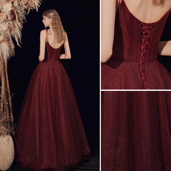 Sexy Burgundy Evening Dresses 2021 Beading Sequins Tulle Spaghetti Straps Sleeveless Backless A-Line / Princess Floor-Length / Long Evening Party Formal Dresses