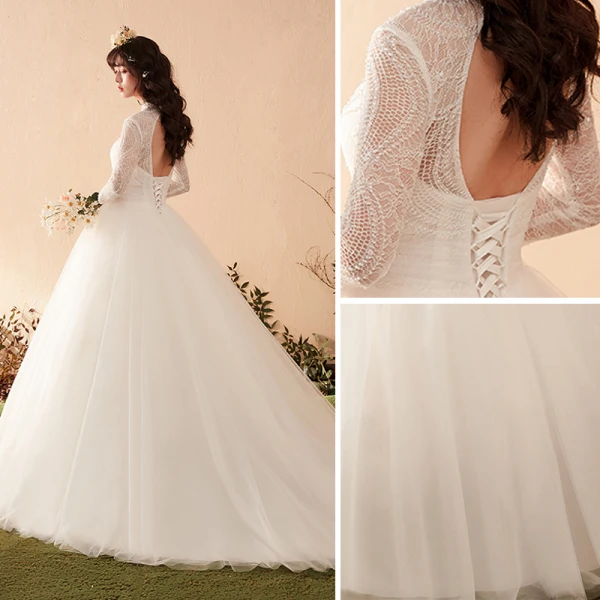 Élégant Ivoire Robe De Mariée 2018 Robe Boule Dentelle Encolure Dégagée Dos Nu Manches Longues Chapel Train Mariage