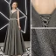 Charmant Silber Abendkleider 2019 A Linie Ärmellos Glanz Polyester Perle Strass Stoffgürtel V-Ausschnitt Rückenfreies Lange Festliche Kleider