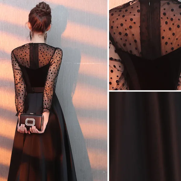 Elegant Black Evening Dresses 2019 A-Line / Princess Scoop Neck Suede Spotted Sash Long Sleeve Floor-Length / Long Formal Dresses