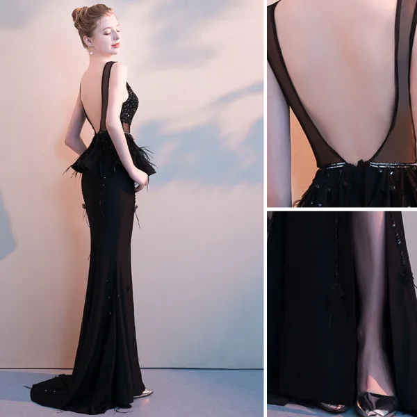 Sexy Noire Robe De Soirée 2019 Trompette / Sirène V-Cou Perlage Cristal Appliques Gland Sans Manches Dos Nu Asymétrique Robe De Ceremonie