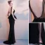Sexy Noire Robe De Soirée 2019 Trompette / Sirène V-Cou Perlage Cristal Appliques Gland Sans Manches Dos Nu Asymétrique Robe De Ceremonie
