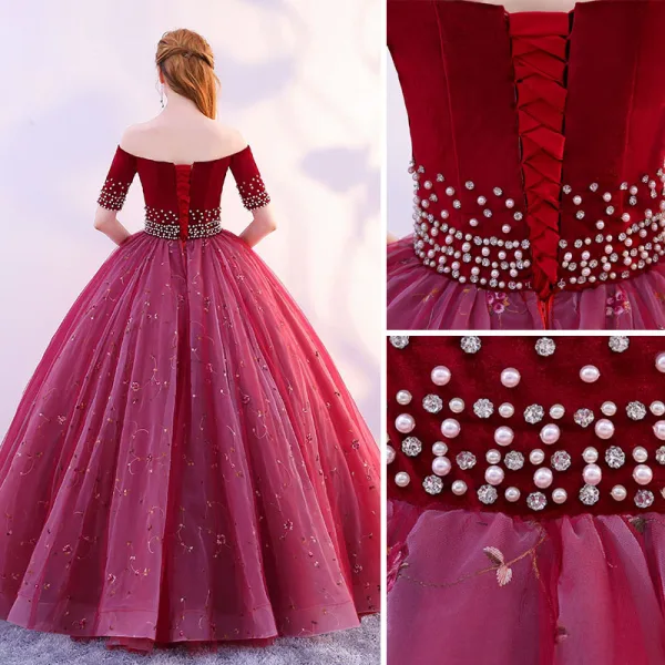 Élégant Bordeaux Robe De Bal 2019 Princesse De l'épaule Daim Fleur Perle En Dentelle Manches Courtes Dos Nu Longue Robe De Ceremonie