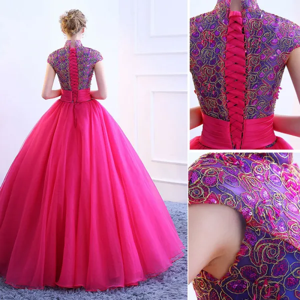 Vintage / Retro Fuchsia Prom Dresses 2019 Ball Gown High Neck Lace Flower Sequins Bow Short Sleeve Floor-Length / Long Formal Dresses