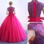 Vintage / Retro Fuchsia Prom Dresses 2019 Ball Gown High Neck Lace Flower Sequins Bow Short Sleeve Floor-Length / Long Formal Dresses