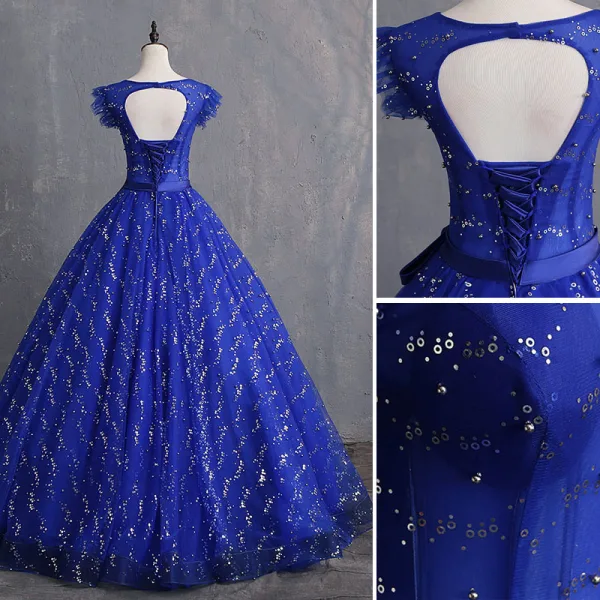 Chic / Beautiful Royal Blue Prom Dresses 2019 A-Line / Princess Scoop Neck Bow Pearl Sequins Sleeveless Backless Floor-Length / Long Formal Dresses