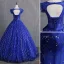 Chic / Beautiful Royal Blue Prom Dresses 2019 A-Line / Princess Scoop Neck Bow Pearl Sequins Sleeveless Backless Floor-Length / Long Formal Dresses