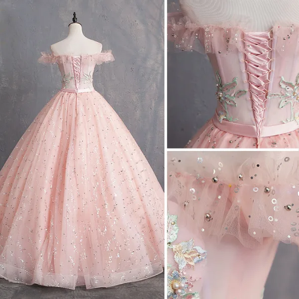 Élégant Perle Rose Robe De Bal 2019 Robe Boule De l'épaule Appliques En Dentelle Fleur Paillettes Noeud Perle Manches Courtes Dos Nu Longue Robe De Ceremonie